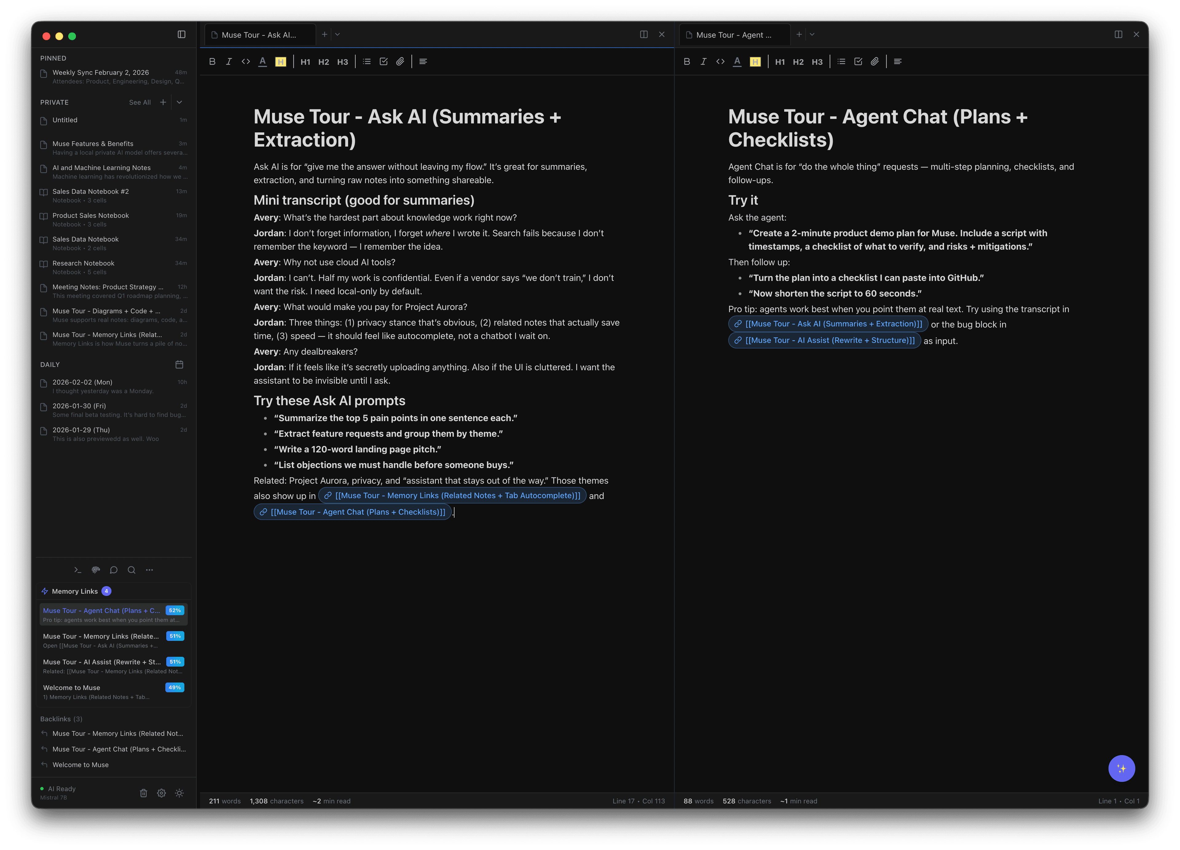Memory Links and related notes in Canto