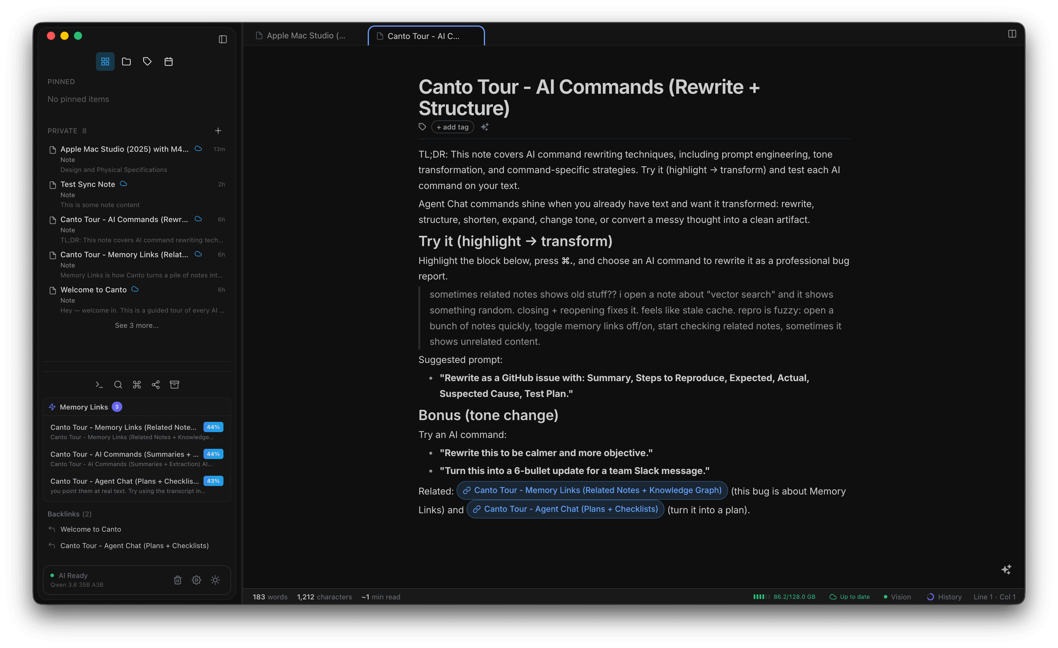 A clean Canto workspace with the sidebar, editor, related notes, and local AI controls visible.
