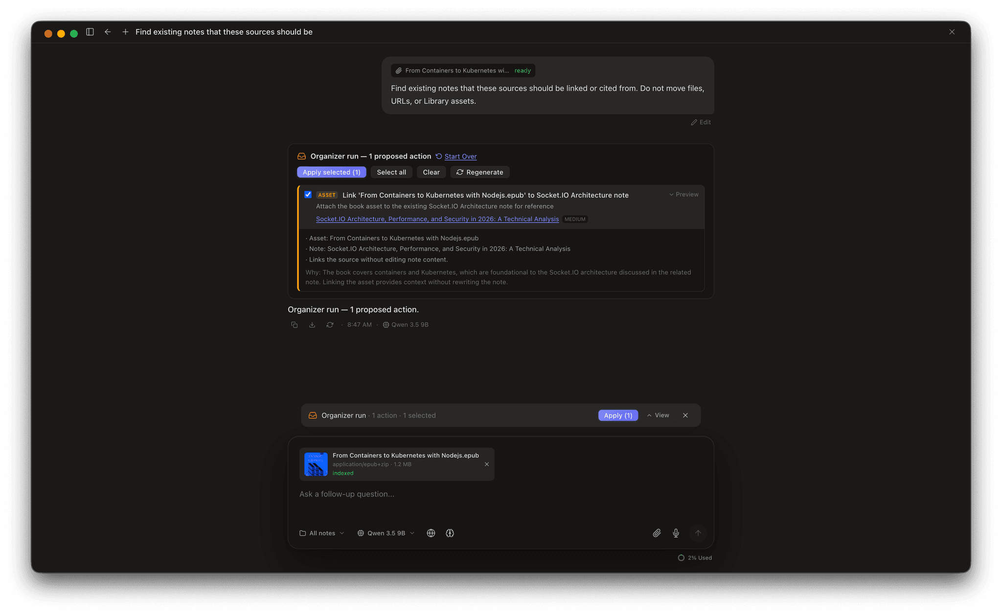 Canto Inbox Mode proposing an approval-gated action to link a collected book file to an existing architecture note, with reasoning shown.