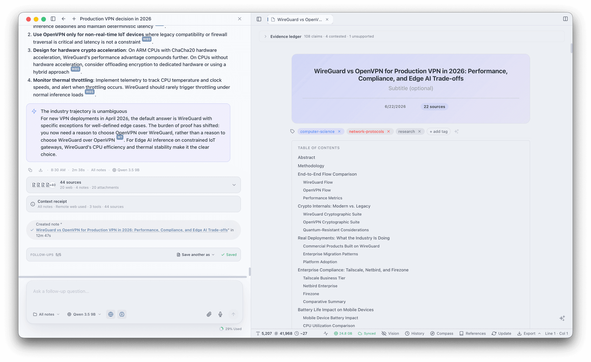 Canto Research split view: the chat run with a callout and 44 cited sources on the left, and the saved research note on the right with a styled title cover, tags, a 22-sources badge, an evidence ledger, and a structured table of contents.