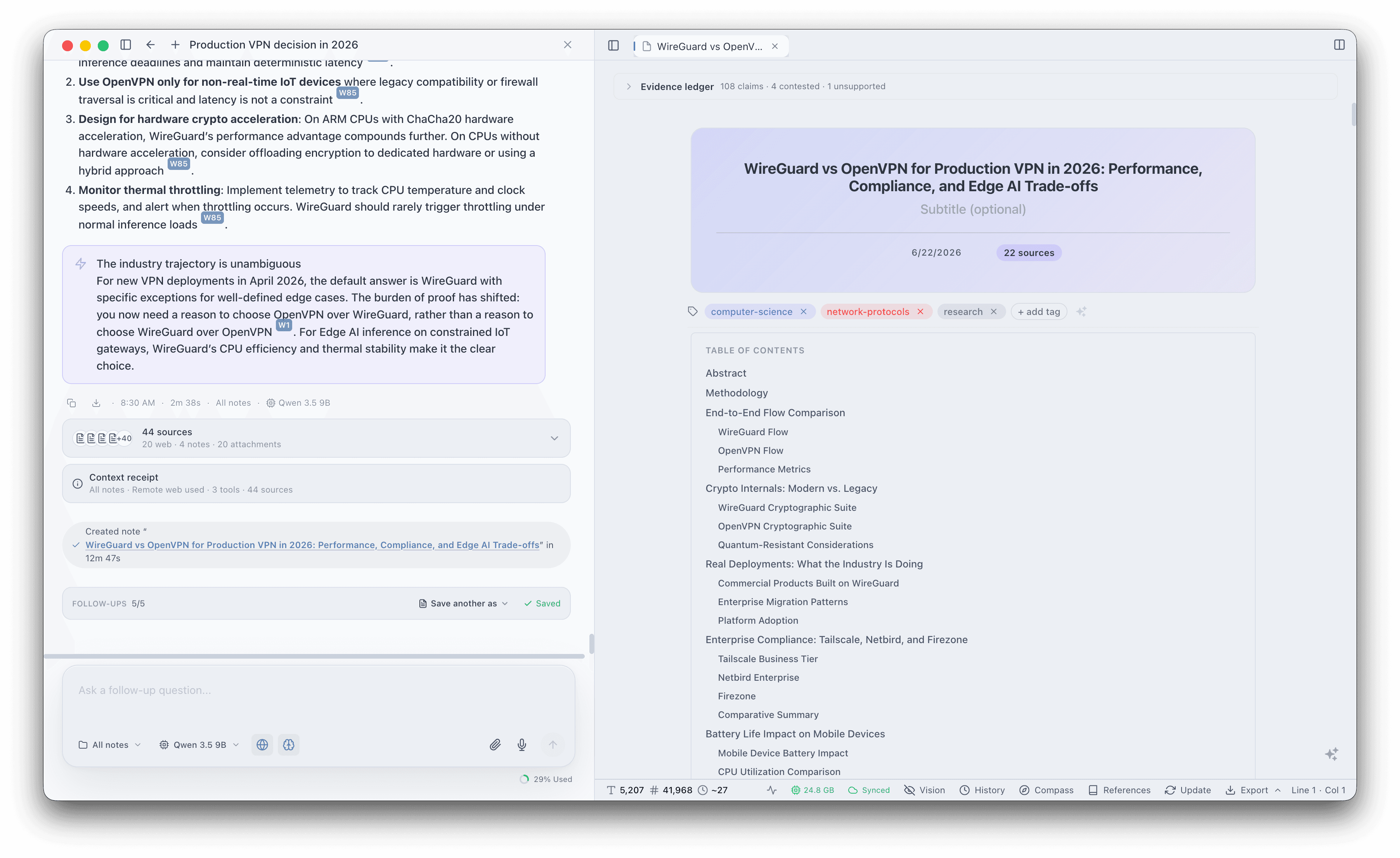 Canto Research split view: the chat run with a callout and 44 cited sources on the left, and the saved research note on the right with a styled title cover, tags, a 22-sources badge, an evidence ledger, and a structured table of contents.
