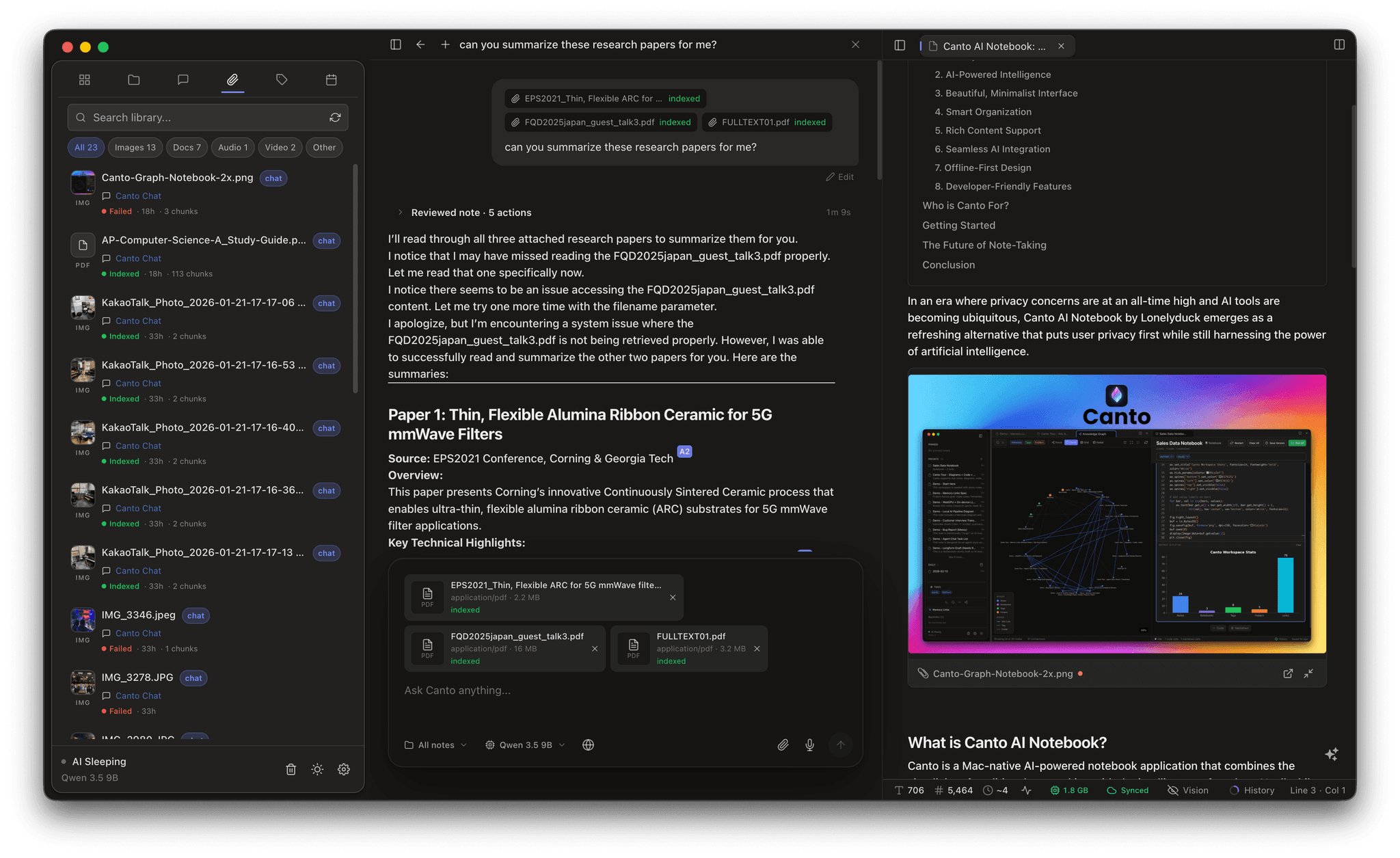 Canto split-pane workspace showing the attachments library, an active chat note, and a product overview note side by side.