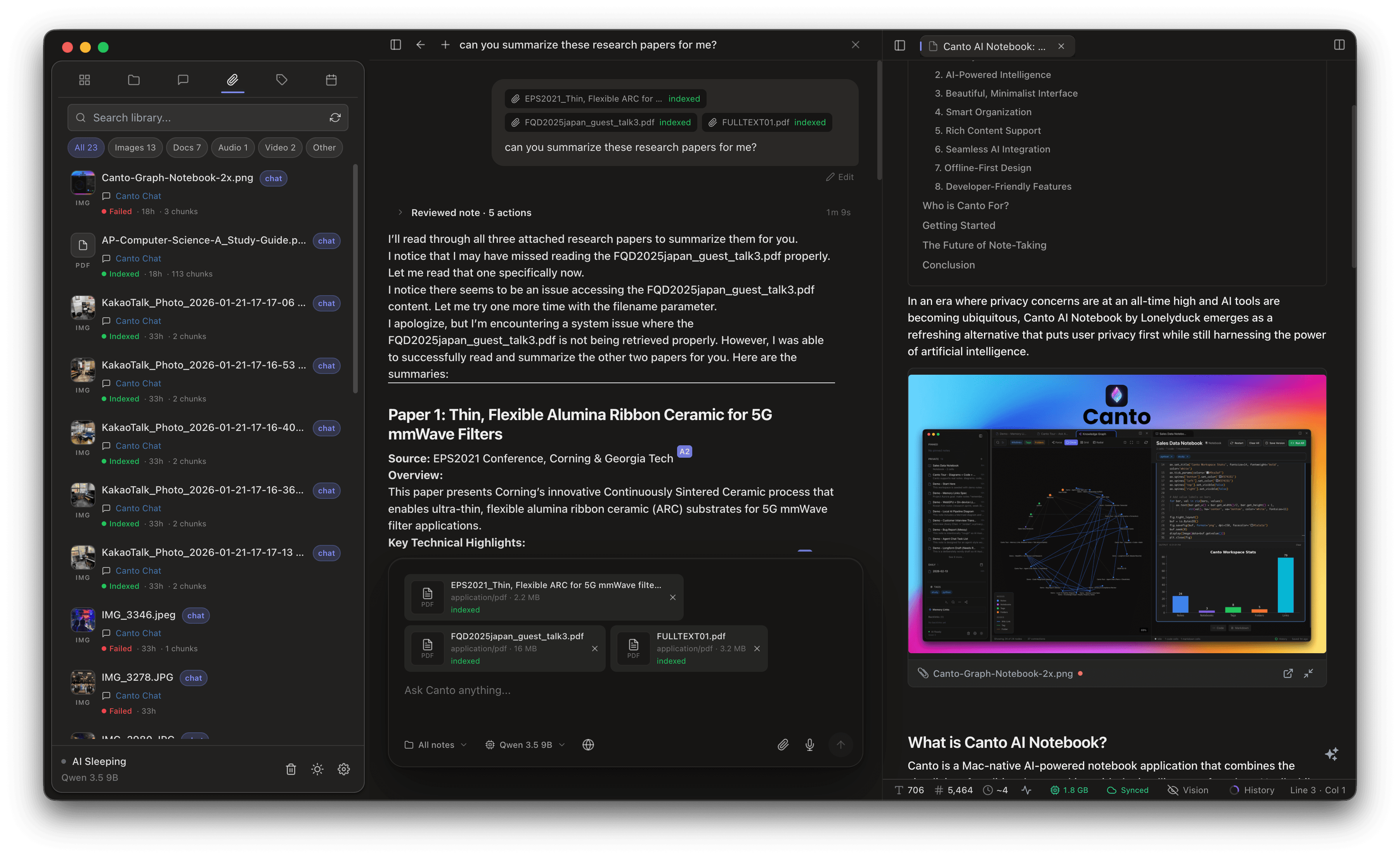 Canto split-pane workspace showing the attachments library, an active chat note, and a product overview note side by side.