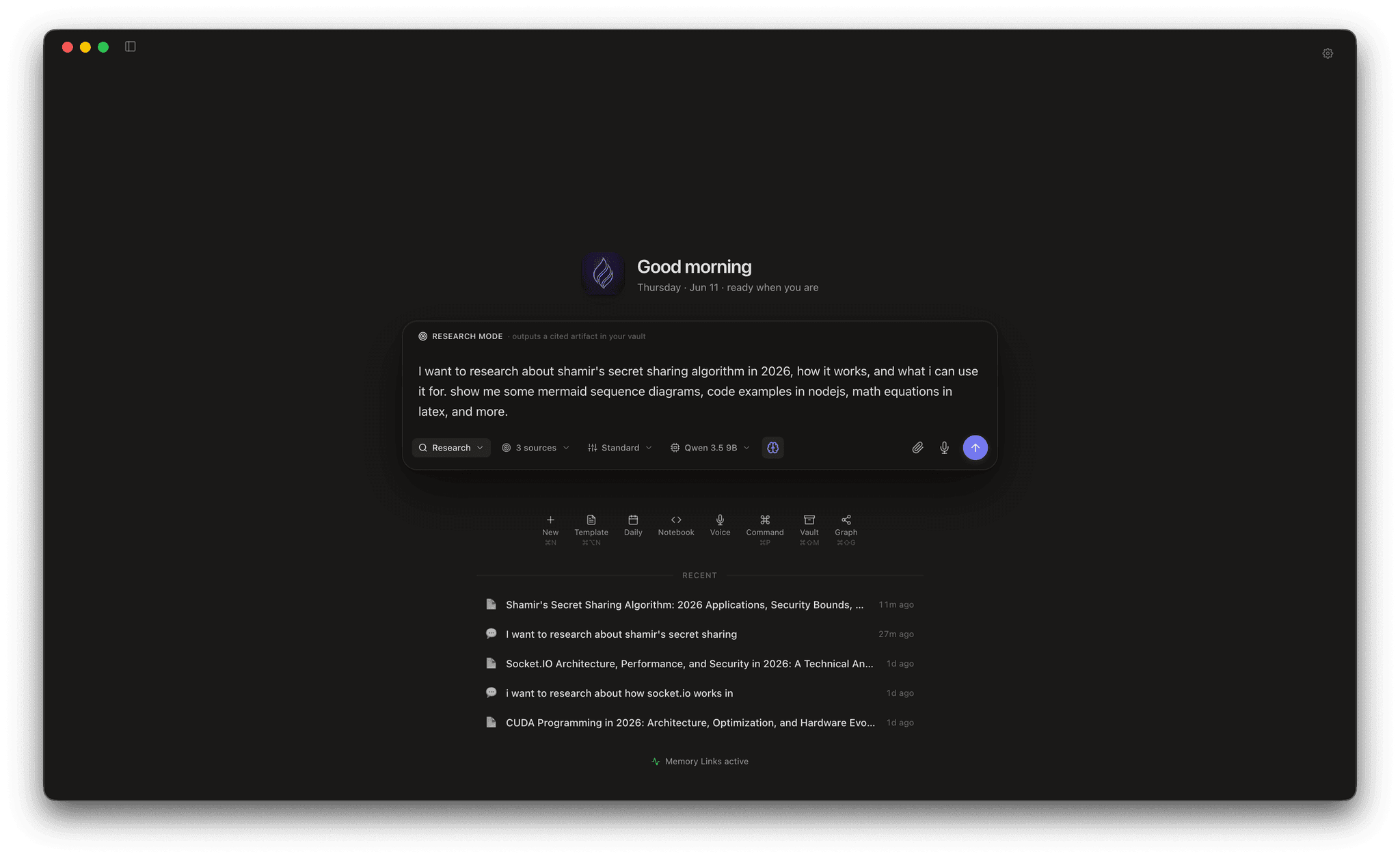 Canto welcome screen with the chat composer set to Research Mode, drafting a research request about Shamir's secret sharing alongside a recent notes list.