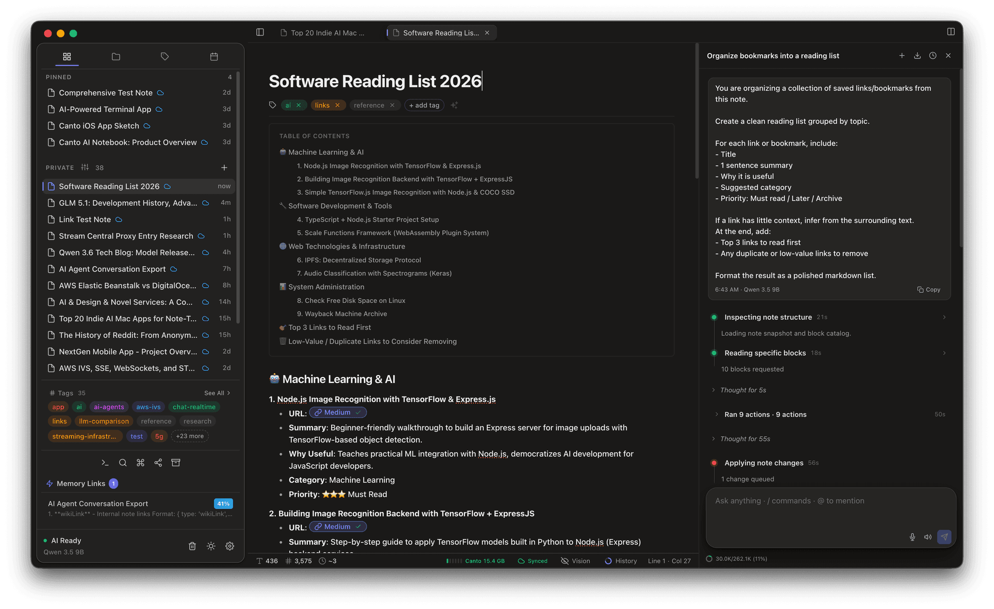 Canto workspace with the editor, file tree, and Agent Chat panel visible.