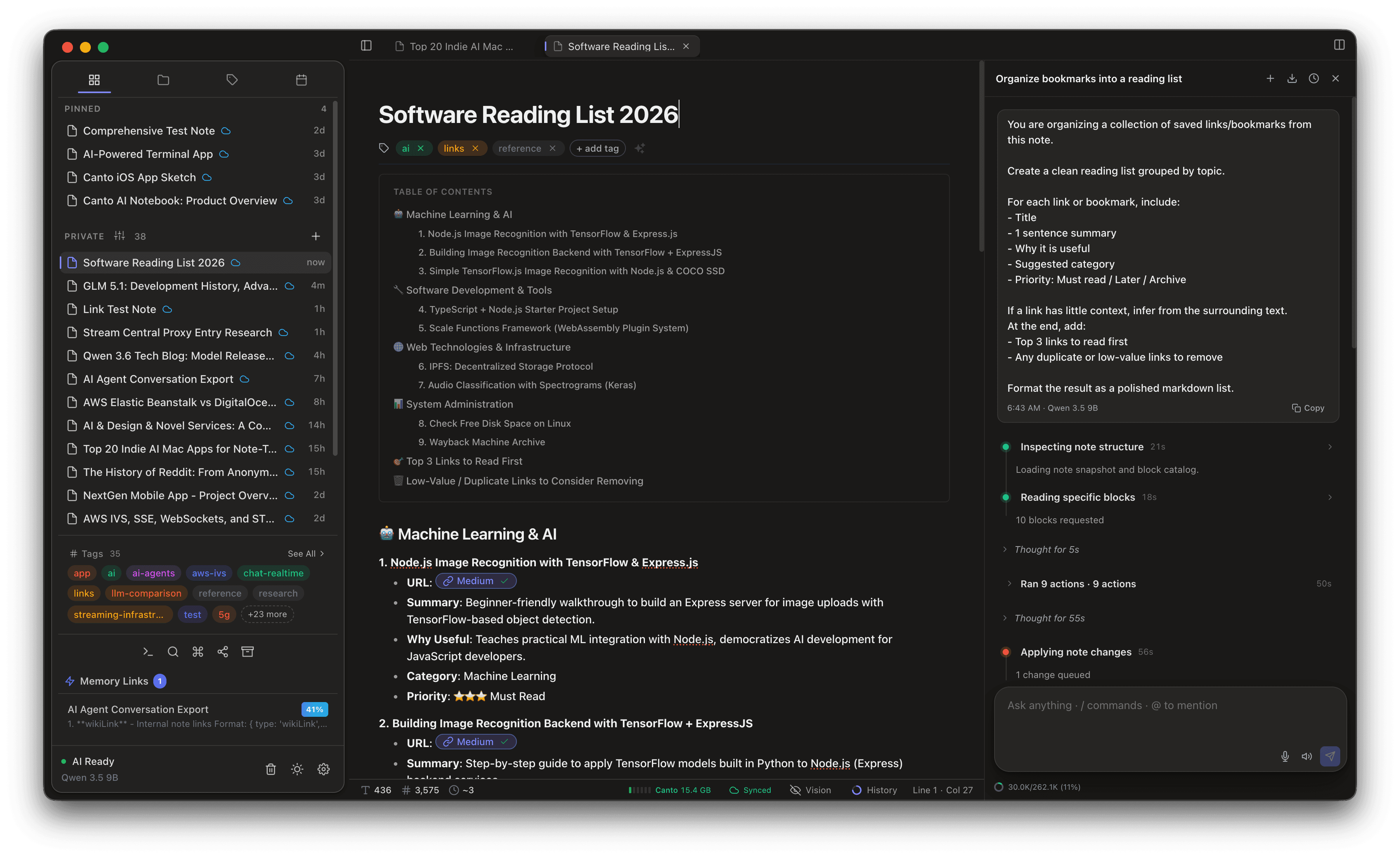 Canto workspace with the editor, file tree, and Agent Chat panel visible.