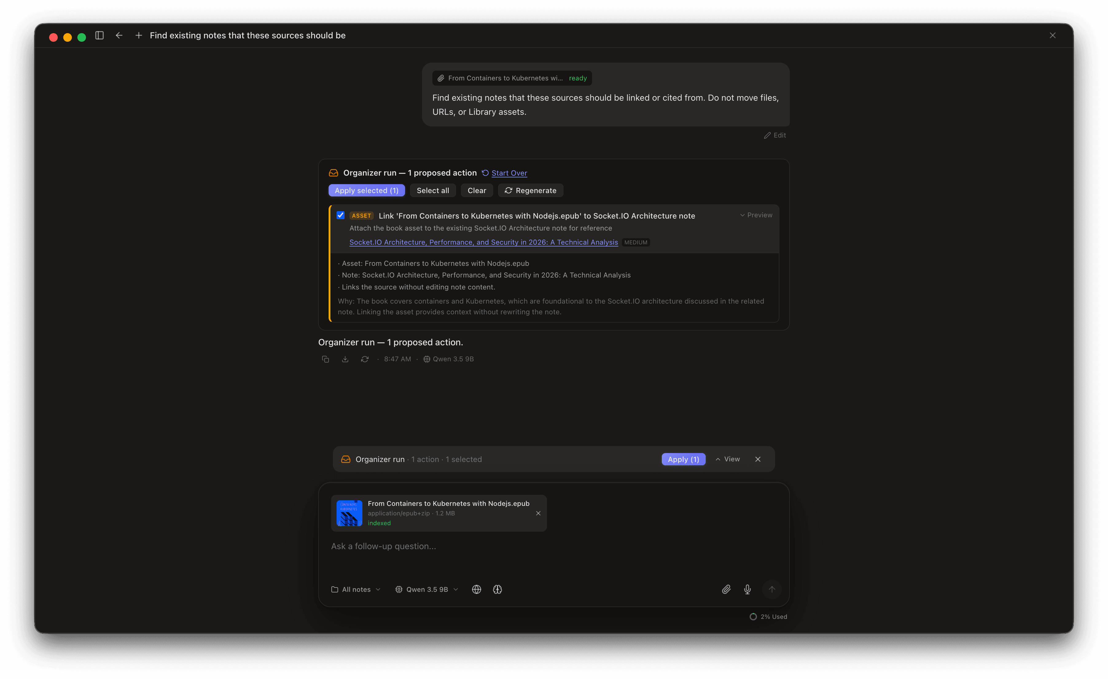 Canto Inbox Mode proposing an approval-gated action to link a collected book file to an existing architecture note, with reasoning shown.