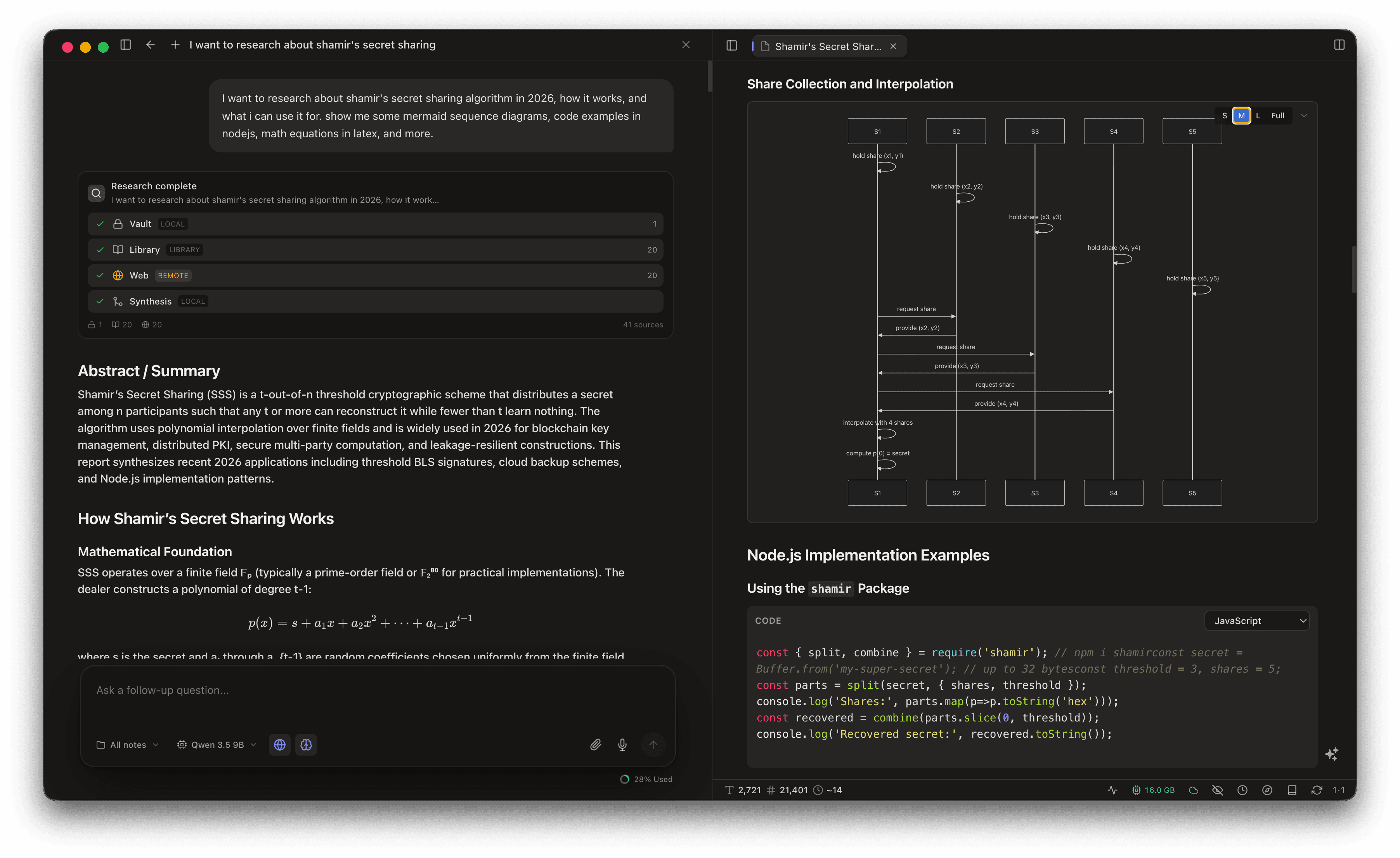 Canto Research split view: a cited research answer with source trail across vault, Library, and web on the left, and the saved note with a Mermaid sequence diagram and Node.js code on the right.