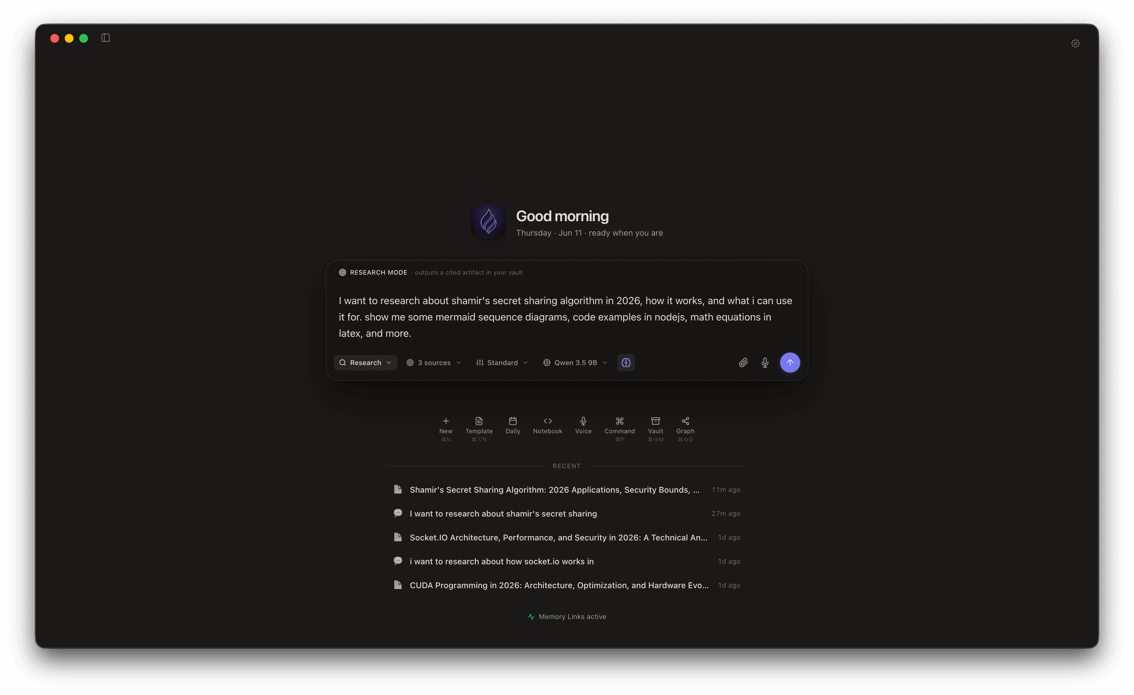 Canto welcome screen with the chat composer set to Research Mode, drafting a research request about Shamir's secret sharing alongside a recent notes list.